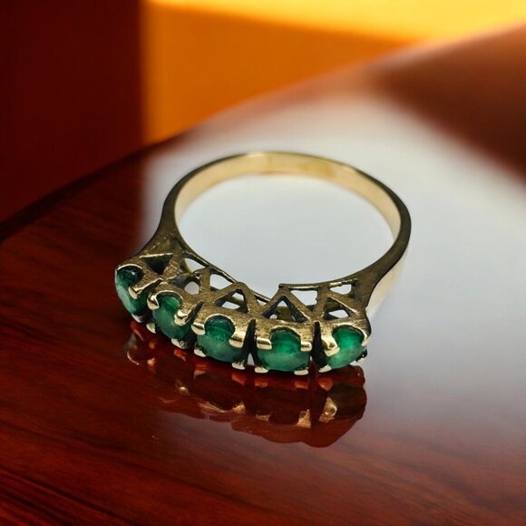 ANTIQUE- 10K Gold- Natural Emerald Ring- Size 7- 1/2tcw- Five Stone Ring -2.1g - Picture 13 of 16